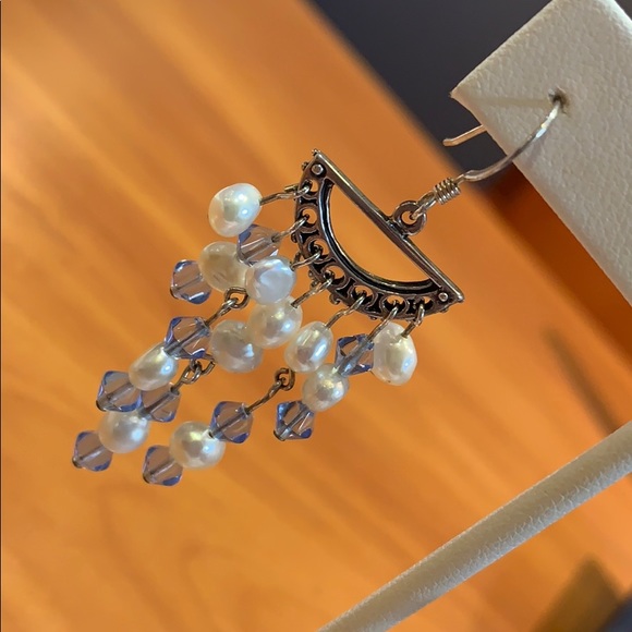 Freshwater Pearl and Blue Bead Dangle Earrings - Picture 3 of 5